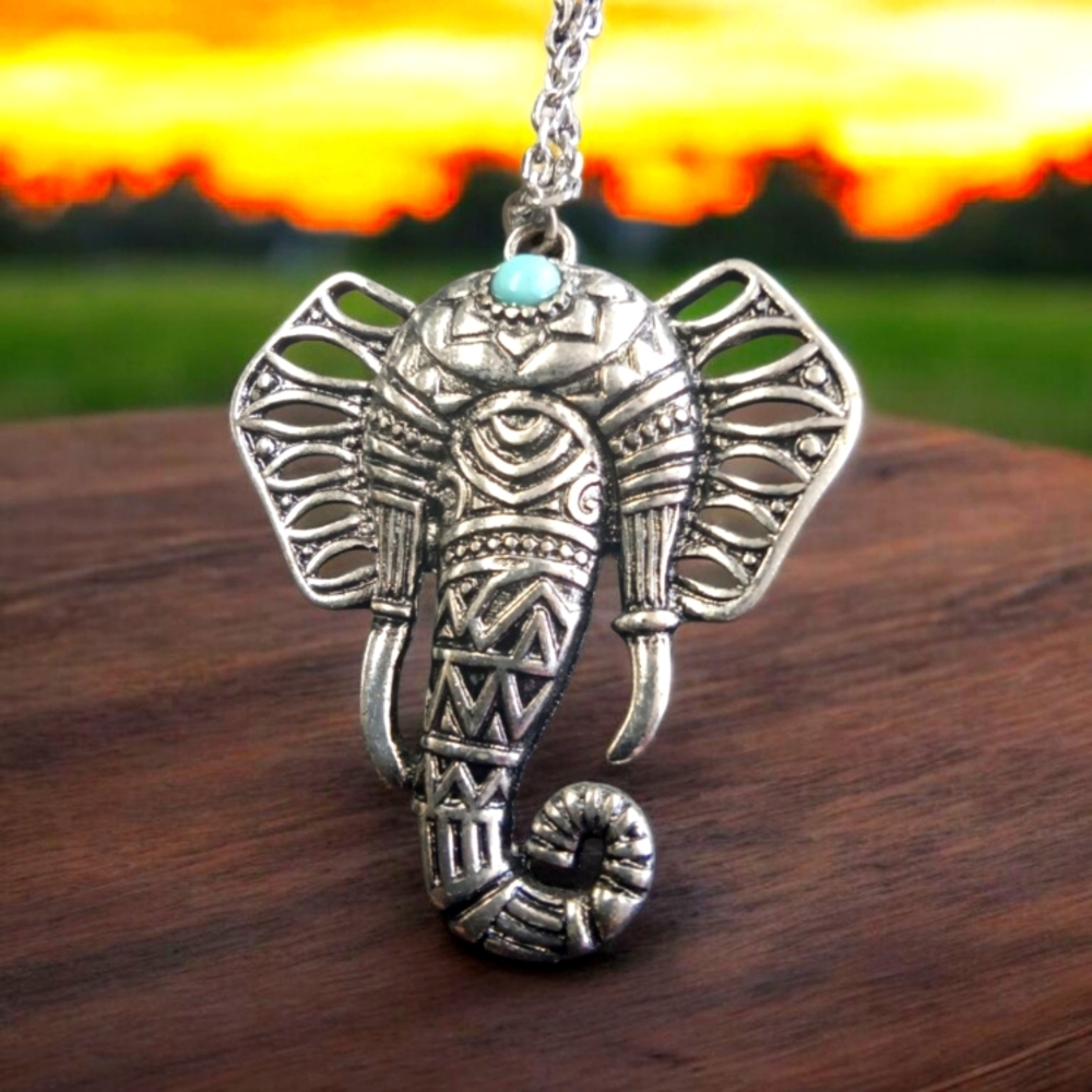Boho Tribal Elephant Pendant Necklace | Turquoise Accent Spirit Jewelry